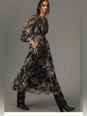 Anthropologie Printer Johnson Long-Sleeve V-Neck Midi Dress